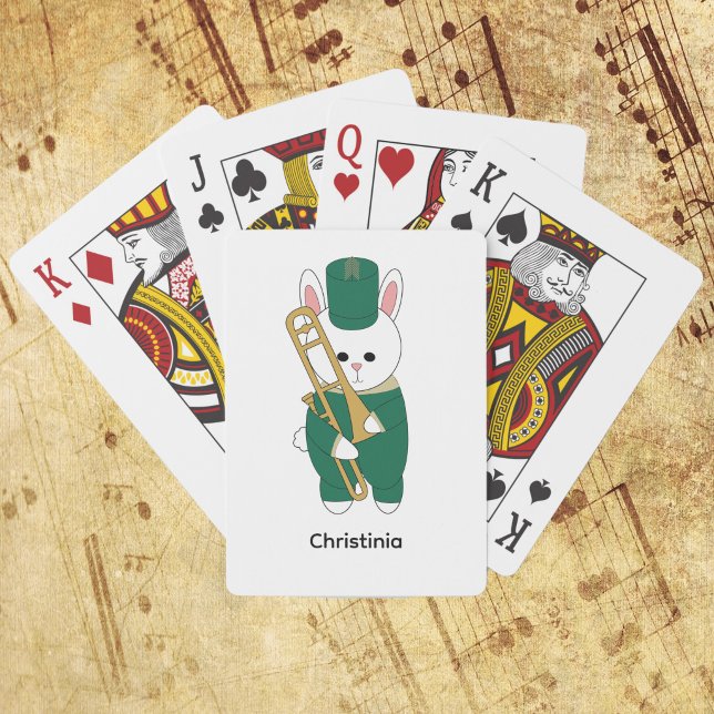 Cute Bunny Trombone Player Green Band Personalise Playing Cards (A deck of playing cards with a rabbit holding a trombone in a green & gold marching band uniform.)
