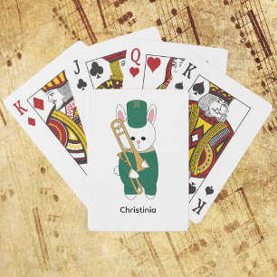 Cute Bunny Trombone Player Green Band Personalize Playing Cards