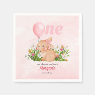 Cute Bunny Turns One Pink Girls 1st Birthday Napkin
