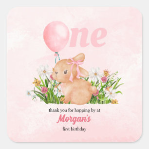 Cute Bunny Turns One Pink Girls 1st Birthday Square Sticker