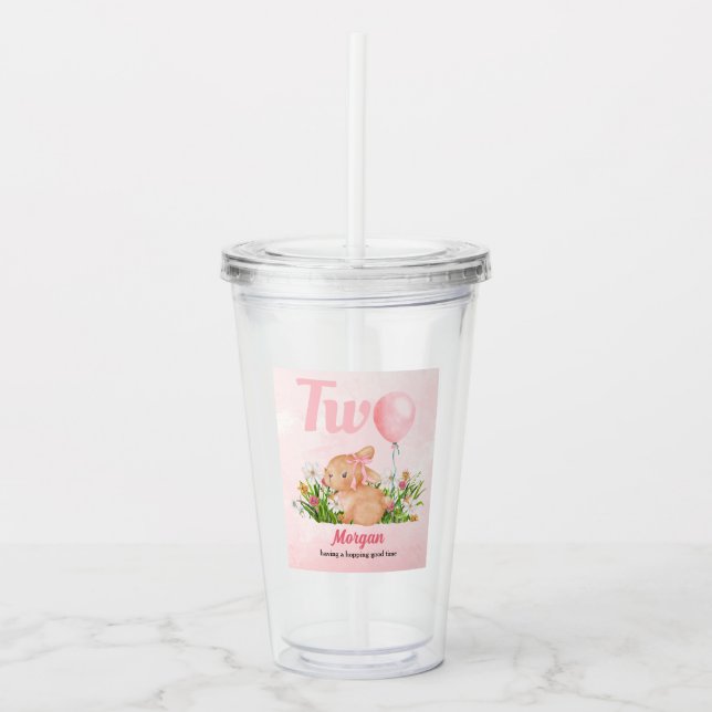 Cute Bunny Turns Two Pink Girls 2nd Birthday  Acrylic Tumbler (Front)