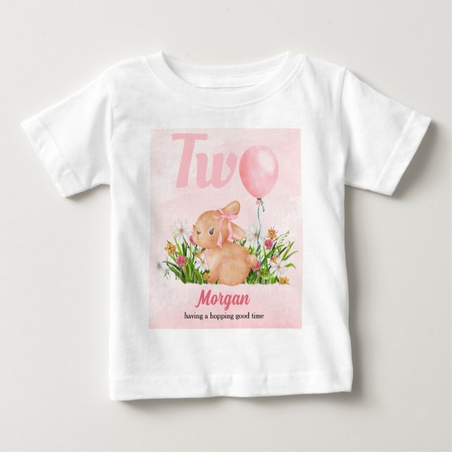 Cute Bunny Turns Two Pink Girls 2nd Birthday  Baby T-Shirt (Front)
