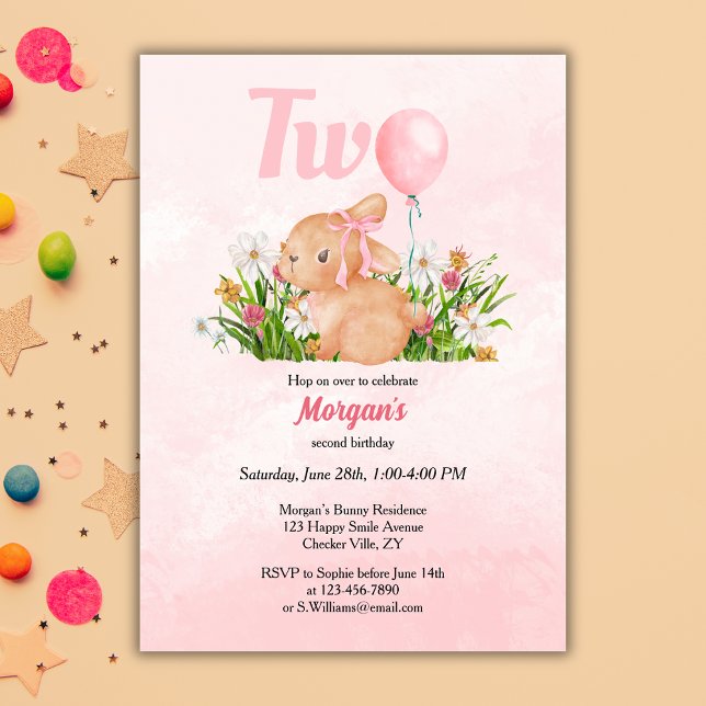 Cute Bunny Turns Two Pink Girls 2nd Birthday  Invitation (Creator Uploaded)
