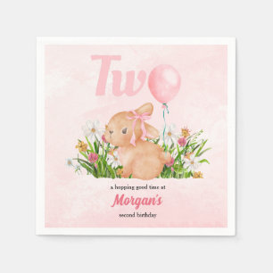 Cute Bunny Turns Two Pink Girls 2nd Birthday  Napkin