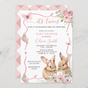 Cute Bunny Twins Baby Shower Girl Invitation