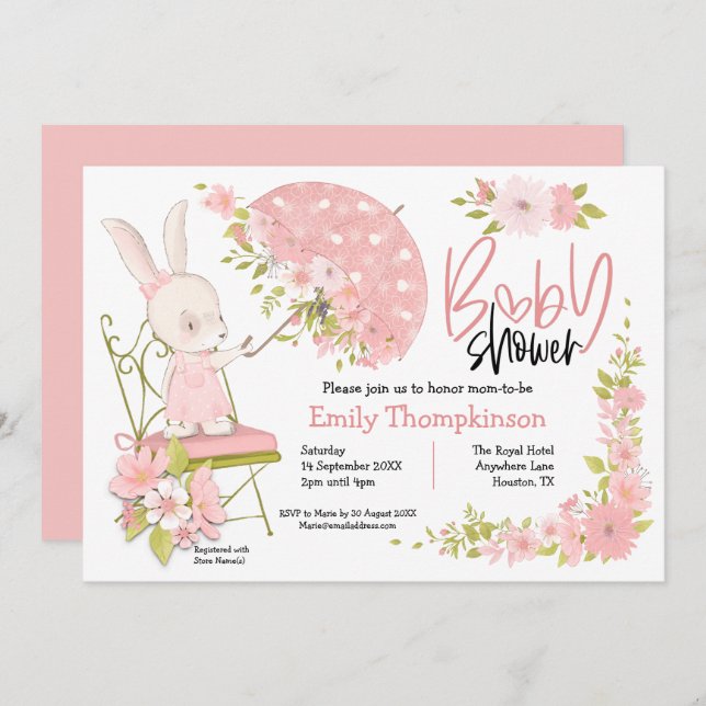 Cute Bunny Umbrella Flowers Girl Baby Shower Invitation (Front/Back)