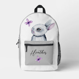 CUTE BUNNY VIOLET FLOWERS GREY WHITE CUSTOM NAME PRINTED BACKPACK
