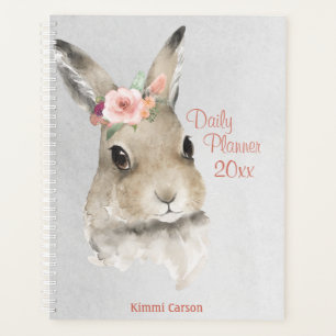 Cute Bunny Watercolor Floral Script Name Planner