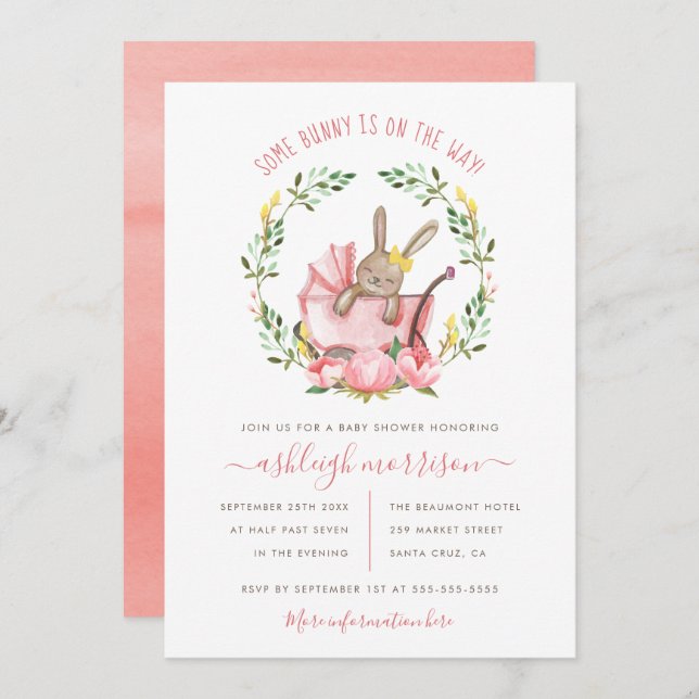 Cute Bunny & Watercolor Flowers Girl Baby Shower Invitation (Front/Back)