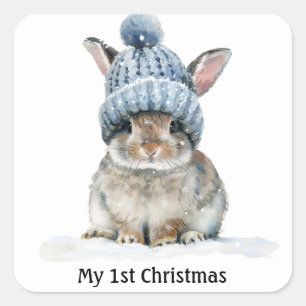 cute bunny wearing a winter hat, customisable square sticker