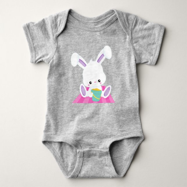 Cute Bunny, White Bunny, Baby Bunny, Beach Bucket Baby Bodysuit (Front)