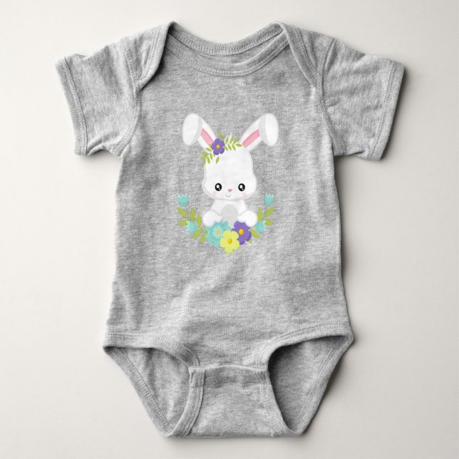Cute Bunny, White Bunny, Baby Bunny, Flowers Baby Bodysuit (Front)