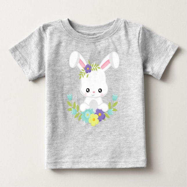 Cute Bunny, White Bunny, Baby Bunny, Flowers Baby T-Shirt (Front)