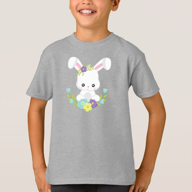 Cute Bunny, White Bunny, Baby Bunny, Flowers T-Shirt (Front)