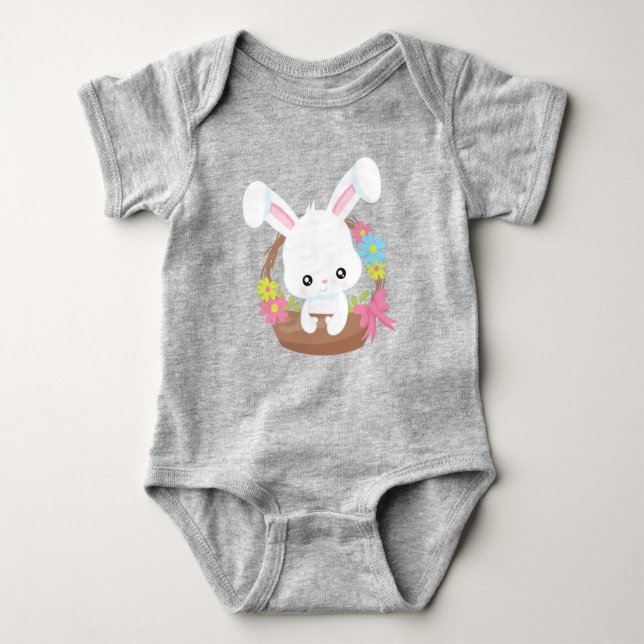 Cute Bunny, White Bunny, Rabbit, Basket, Flowers Baby Bodysuit (Front)