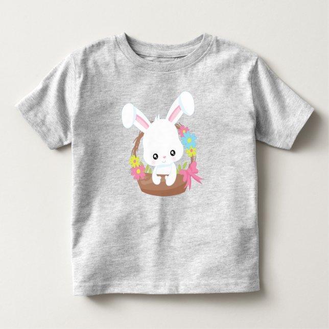Cute Bunny, White Bunny, Rabbit, Basket, Flowers Toddler T-Shirt (Front)