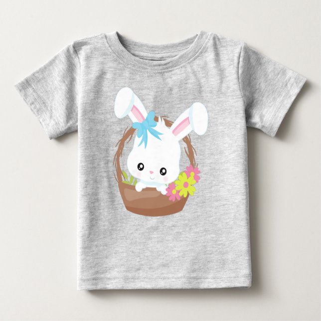 Cute Bunny, White Bunny, Rabbit, Flowers, Basket Baby T-Shirt (Front)