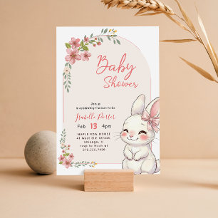 Cute Bunny Wildflower Pink Bow Baby Shower Invitation