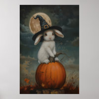Cute Bunny Witch on Pumpkin Art Printable, Hallowe
