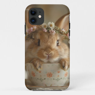Cute bunny with a flower crown in a cup iPhone 11 case