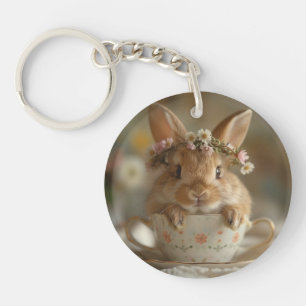 Cute bunny with a flower crown in a cup key ring