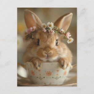 Cute bunny with a flower crown in a cup postcard