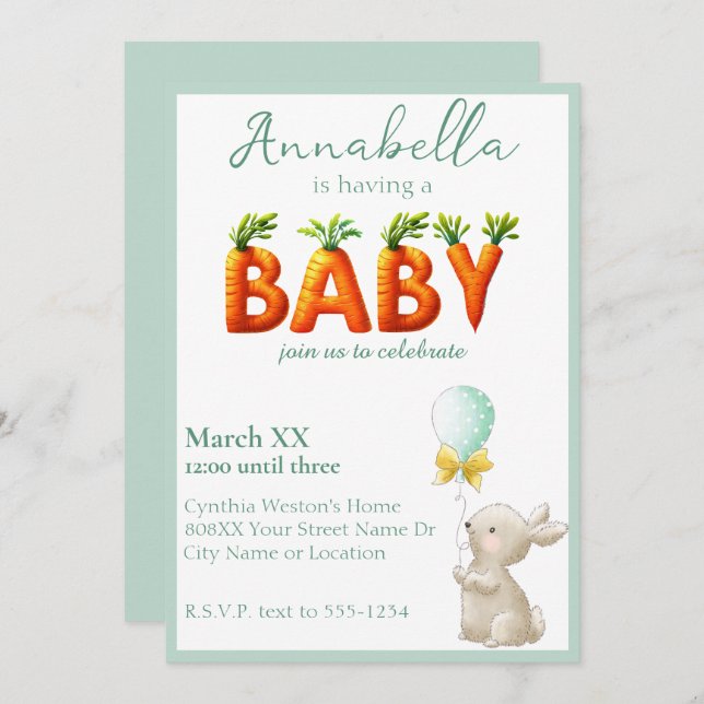 Cute Bunny with Balloon and Carrots Baby Shower Invitation (Front/Back)