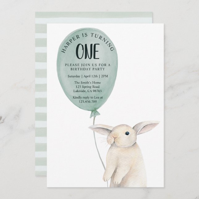 Cute Bunny with Balloon Birthday  Invitation (Front/Back)