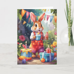Cute bunny with cake, in garden at a party Card