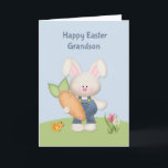 Cute Bunny with Carrot, Grandson, Easter Holiday Card<br><div class="desc">An Easter greeting card for a special Grandson with cute boy bunny in denim overalls carrying a big carrot on blue background with yellow chick and flowers. some graphics/www.bearnecessitiesscraps.com,  www.digiwebstudio.com</div>