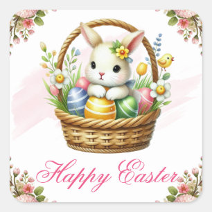 Cute Bunny with Colorful Eggs Happy Easter Square Sticker