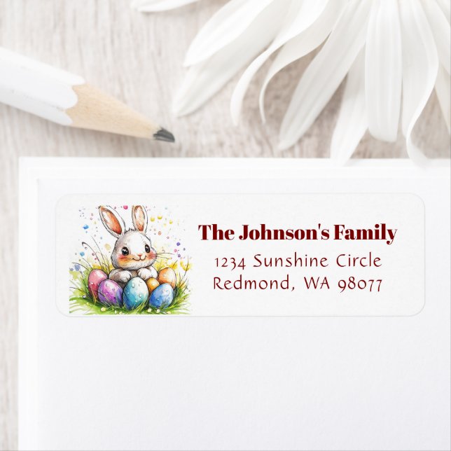 Cute bunny with colourful eggs address return address label (Insitu)