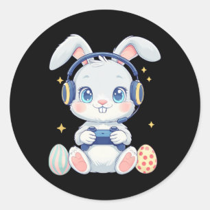 Cute Bunny With Egg Playing Video Game Easter Day Classic Round Sticker