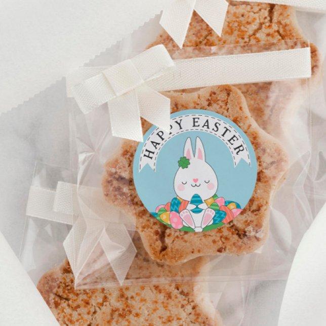 Cute Bunny with Eggs Easter Egg Hunt Happy Easter Classic Round Sticker (Creator Uploaded)