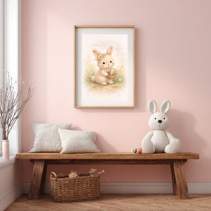Cute Bunny With Flower Basket Neutral Kids Room Poster