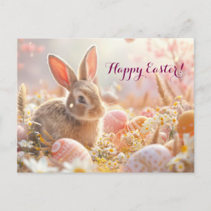 cute bunny with flowers and eggs in flowers holiday postcard
