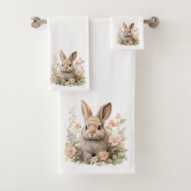 Cute Bunny with Flowers Bath Towel Set (Insitu)