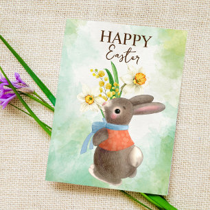 Cute bunny with flowers happy Easter Postcard