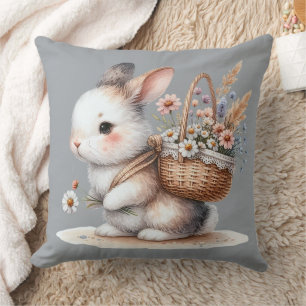 Cute Bunny with Flowers Watercolor Art Cushion