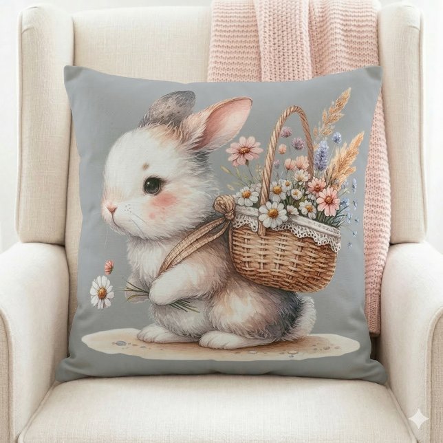 Cute Bunny with Flowers Watercolor Art Cushion (Cute Bunny with Flowers Watercolor Art Throw Pillow Mockup A)