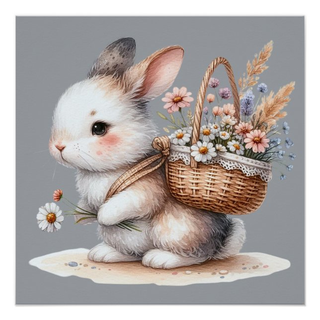 Cute Bunny with Flowers Watercolor Art Poster (Front)