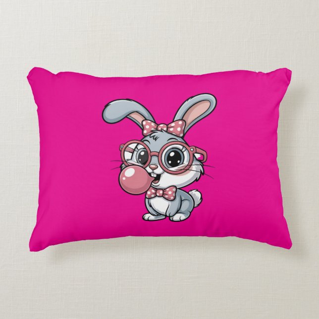 Cute Bunny with Glasses Blowing Bubble Gum Decorative Cushion (Front)