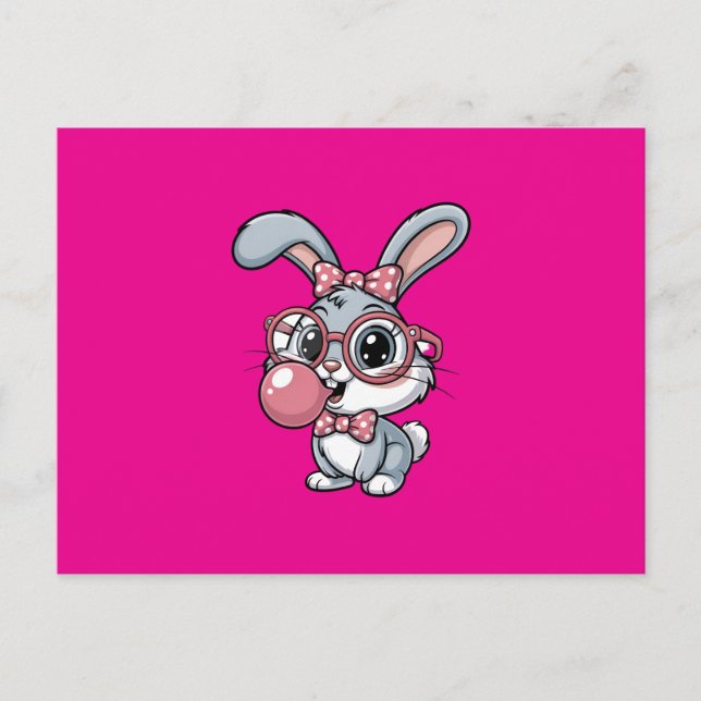 Cute Bunny with Glasses Blowing Bubble Gum Invitation Postcard (Front)