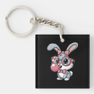 Cute Bunny with Glasses Blowing Bubble Gum Key Ring