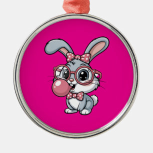 Cute Bunny with Glasses Blowing Bubble Gum Metal Ornament