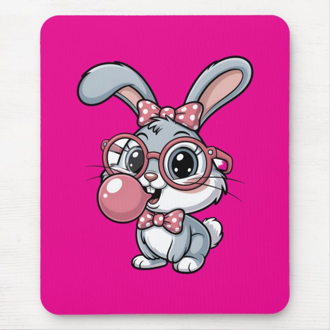 Cute Bunny with Glasses Blowing Bubble Gum Mouse Pad (Front)