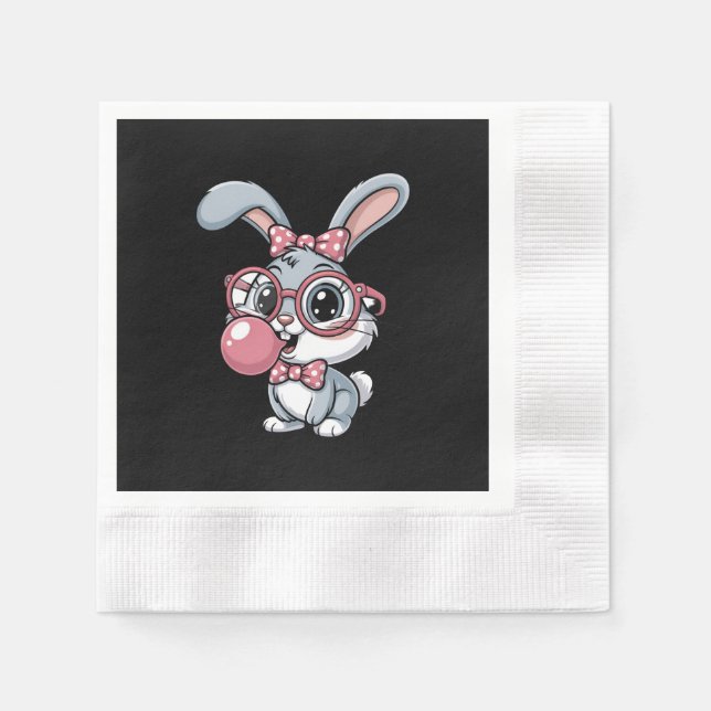 Cute Bunny with Glasses Blowing Bubble Gum Napkin (Front)