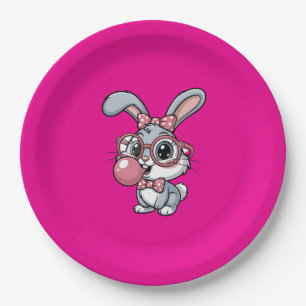 Cute Bunny with Glasses Blowing Bubble Gum Paper Plate