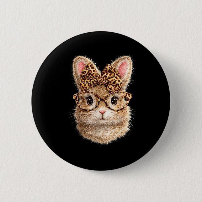 Cute bunny with leopard glasses bow easter rabbit 6 cm round badge (Front)