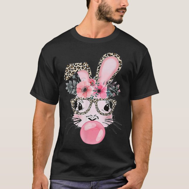 Cute Bunny With Leopard Glasses Bubblegum Easter D T-Shirt (Front)